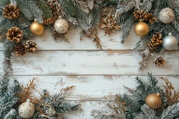 Poster - Decorated holiday frame with festive ornaments and pine branches on wooden background