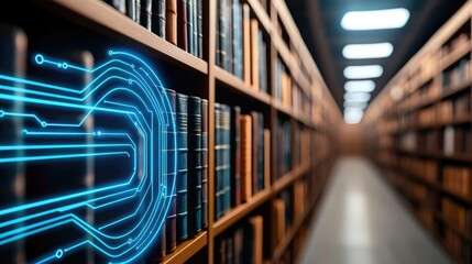 Poster - Bookshelf with digital circuit interface representing modern technology integration.