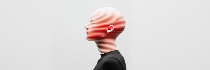 Poster - a woman's head is shown in a black shirt with a red stripe. the head is pixelated and the woman's fa