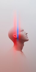 Poster - a man's head is shown with red and blue lines. the image is abstract and has a futuristic feel to it