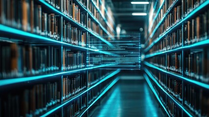 Poster - Modern library interior with illuminated shelves and empty walkway.