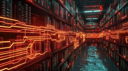 Poster - Futuristic library with glowing circuit patterns and shelves of books.