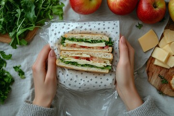 Sticker - A person holds a pack of a delicious turkey sandwich layered with lettuce and tomato