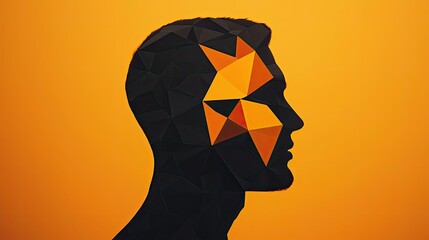 Poster - Abstract profile silhouette with geometric shapes on vibrant orange background.