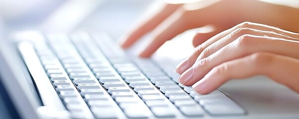 Poster - Close-up of hands typing on a keyboard, emphasizing technology and communication.