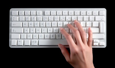 Poster - A hand positioned over a white computer keyboard on a black background.
