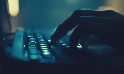 - A close-up of a hand typing on a laptop keyboard in a dimly lit environment.
