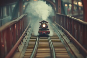 Vintage Steam Train Model on Railroad Tracks Under Bridge