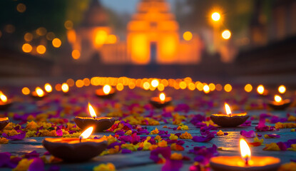 A festive scene of Diwali with lit oil lamps, colorful flower arrangements, and blurred Indian temples in the background