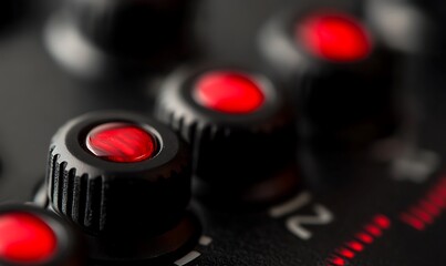 Poster - Close-up of audio control knobs with red indicators, used for adjusting sound levels.