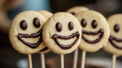 Homemade shortbread smiley cookies on sticks with dark chocolate perfect for a festive children s party setting