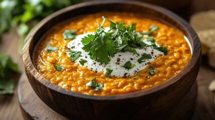 Vibrant lentil curry topped with cream and fresh herbs beautifully presented in a wooden bowl Ideal for captivating food photography