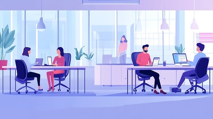 Poster - Modern office scene with people working and collaborating in a bright, open space.