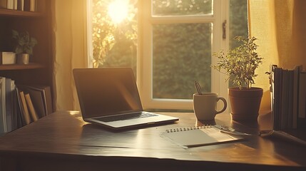 Poster - A serene workspace with a laptop, mug, and plant, illuminated by warm sunlight.