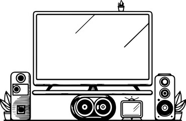 Black Line Art Monitor Electronic Art Hand Drawn Illustration