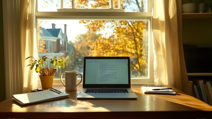 Poster - A cozy workspace featuring a laptop, plants, and a scenic autumn view.