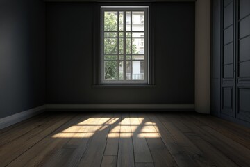 Empty room with wooden floor and dark wall illuminated by sunlight streaming through window