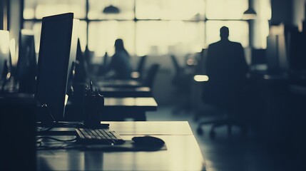 Poster - A dimly lit office space with computers and silhouettes of people working.