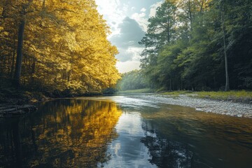 Poster - A River Separating Two Shades of Green and Yellow Foliage