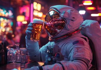 Astronaut Enjoying Beer at Night Bar