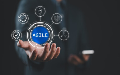 Aufkleber - Agile development methodology, Reducing step-by-step work and focusing on team communication. Businessman holding virtual agile icon for process that will help you work faster.