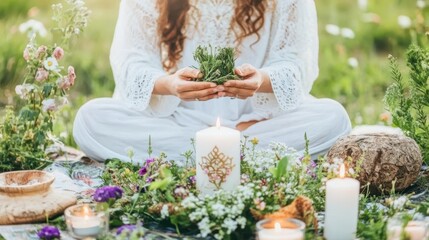 Close-up of a woman's hands holding a candle in an outdoor floral setting, symbolizing peace, spirituality, and connection to nature.