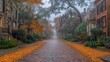 © Oleksandr - Autumn fog blankets cobblestone streets adorned with vibrant fallen leaves in a serene neighborhood during early morning hours