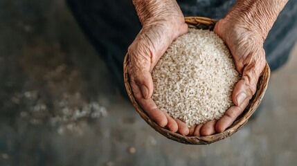 Hands of elderly woman sorting rice grains, closeup on textures, sorting rice grains, generational wisdom