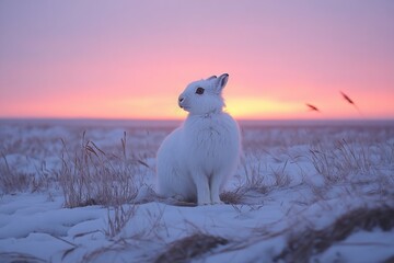 Arctic Hare in a Winter Sunset Landscape