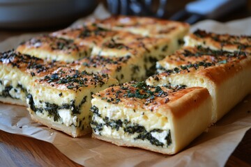 Wall Mural - A delicious homemade quiche with spinach and cheese on a wooden kitchen countertop in the evening