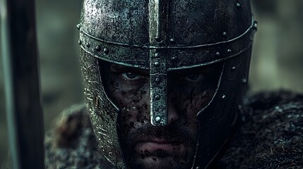 Fierce Medieval Knight in Dented Helmet Ready for Battle