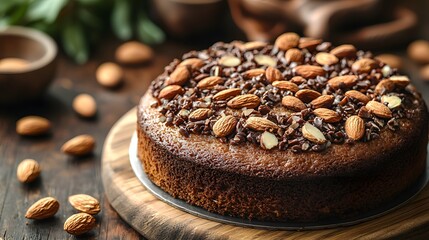 Chocolate almond cake on rustic wooden table with cocoa nibs and whole almonds