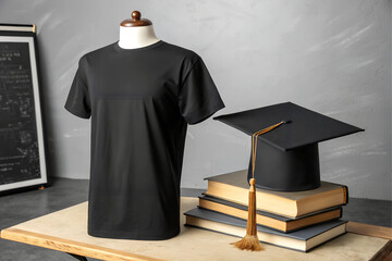 Black T-Shirt Mockup,Black men's classic t-shirt,t-shirt mockup with interior background,Black T-Shirt Mock-up on wooden hanger,blank black T-shirt for mockup hanging on a simple clothing rack,Ai