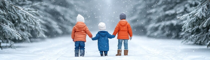 Three children holding hands in colorful jackets, walking together in a snowy forest, surrounded by tall evergreen trees and falling snowflakes.