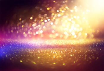 Poster - Golden glitter and blurred bokeh lights on a black background.