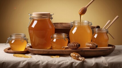 jars of honey. Honey jars composition for honey marketing. Generative AI.