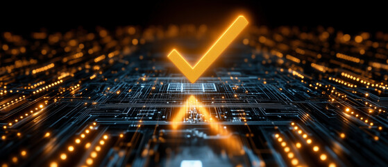 digital checkmark on circuit board.