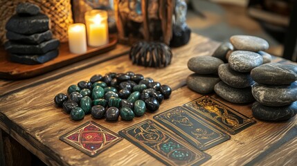 A mystical arrangement of stones and tarot cards set on a wooden table, illuminated by soft candlelight, creating a serene atmosphere.