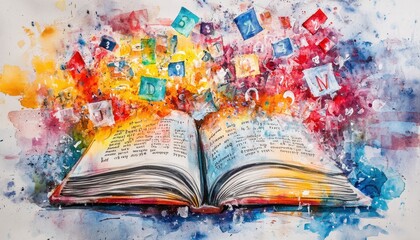 Poster - Vibrant Abstract Watercolor Book with Floating Letters