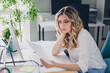 © deagreez - Photo of pretty young girl sit table look paperwork tired upset wear formalwear coworking successful nice light office