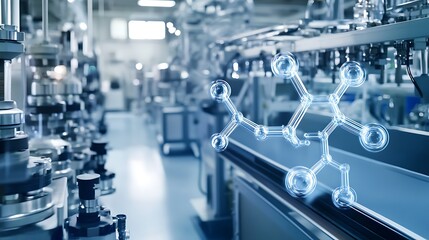 Poster - A modern industrial setting with a molecular structure overlay, suggesting scientific research.