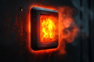 A bright emergency alarm button radiates with a fiery glow, surrounded by swirling smoke. Its intense red color contrasts with the dark background, creating a dramatic visual effect. The atmosphere su