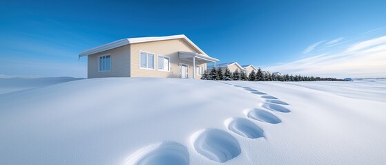 Wall Mural - A serene winter scene featuring a house surrounded by deep snow and clear blue skies, with visible footprints leading towards it.