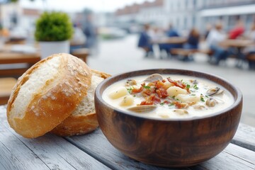 A bowl of creamy clam chowder topped with crispy bacon bits sits next to a crusty loaf of bread on a rustic wooden table. The outdoor patio is bustling with people enjoying their meals on a bright, su