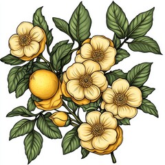 A citrus tree branch with flowers and watercolor elements. Lemon sketch.