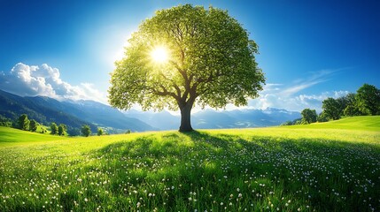 Wall Mural - Open Prairie with Tall Green Tree and Blue Sky
