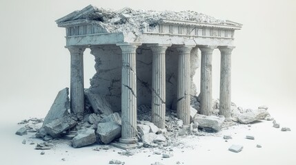 A white background is centered by two broken marble pillars