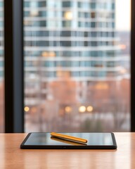 Modern tablet and stylus on a wooden table with city view