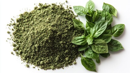 Wall Mural - Green Powder and Fresh Basil Leaves on a White Background