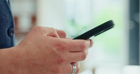 Poster - Phone, typing and hands of person in office with online chat, search or business communication. Smartphone, contact and consultant with mobile app writing text, email or digital networking connection